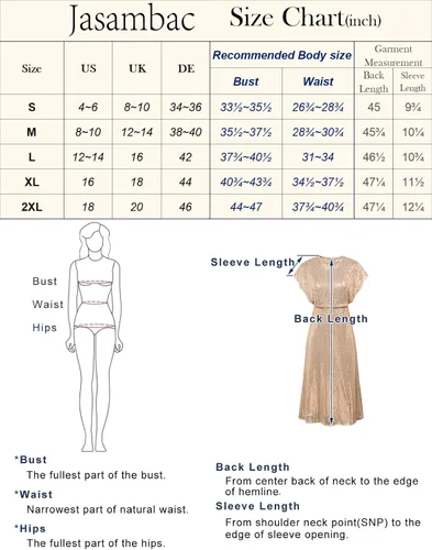 Vista 6 de JASAMBAC Vestido de lentejuelas para mujer, cuello redondo, manga corta, con purpurina brillante, con abertura, cintura elástica, vestido de cóctel