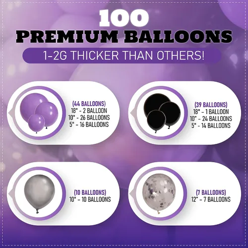 Vista 4 de Kit de guirnalda y arco de globos morados y negros todo en 1, globos pequeños y grandes, morado, negro y plateado, decoraciones de fiesta