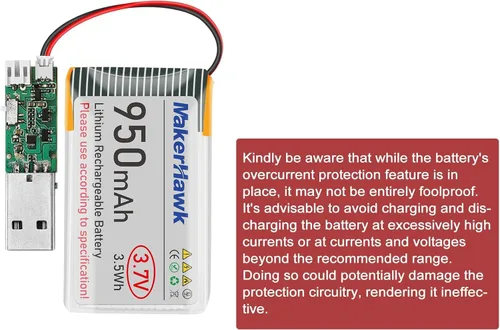 Vista 5 de MakerHawk Batería LiPo de 3.7 V 950 mAh recargable 1S 3C batería de polímero de litio con placa de protección cinta de goma aislada, enchufe micro