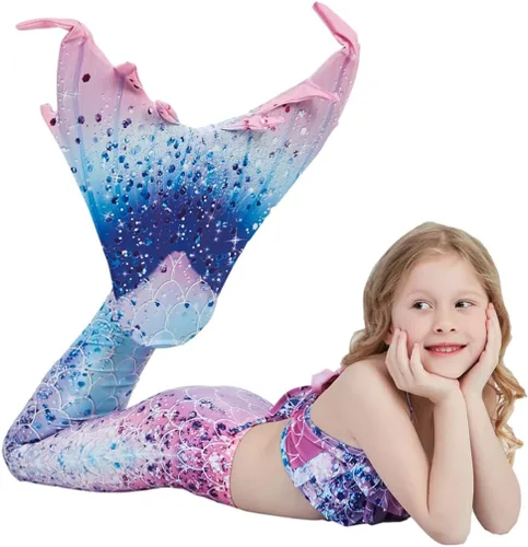 Vista 3 de Traje de baño de cola de sirena para niñas, traje de baño de princesa, conjunto de 5 piezas para 3-12 años