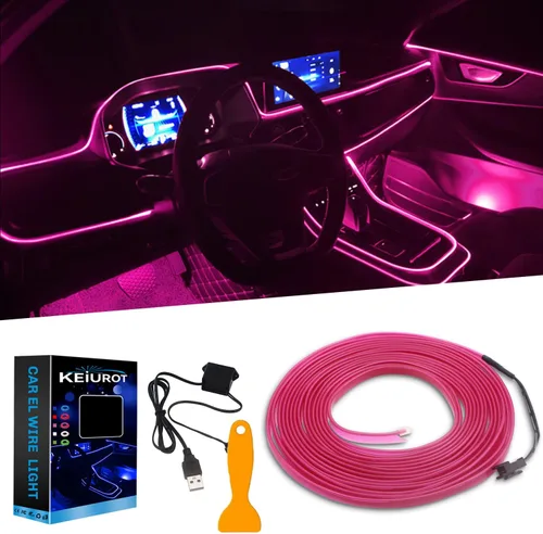 Vista 10 de Luces de cable EL para el interior del coche, luz de panel azul neón de 16 pies/5 m, tira de luz LED para coche, USB 5V, decoración