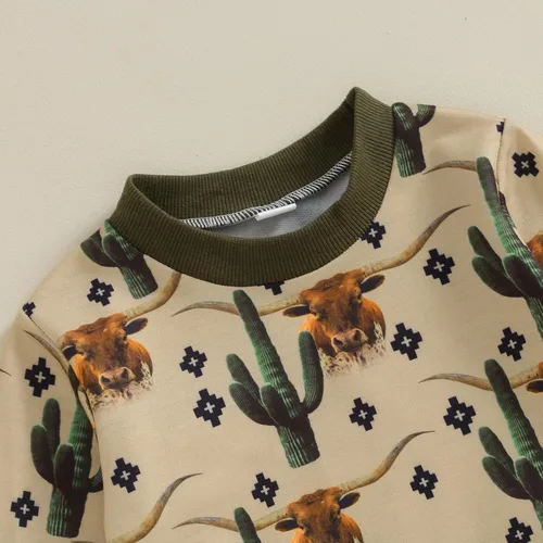Vista 3 de WALLARENEAR Ropa occidental para bebé niño, sudadera con estampado de vaca, camisa de cuello redondo de vaquero para mamá