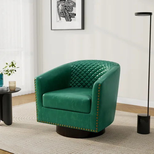 Vista 48 de Pia Ricco Silla de Acento Tipo Barril de Cuero Sintético, Silla de Club Moderna con Brazos, Cómoda Silla Individual Tapizada con Patas de Madera