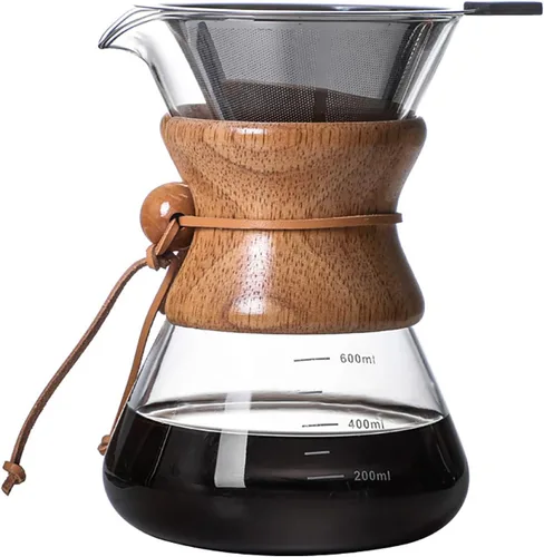 Vista 9 de Cafetera de goteo con filtro de goteo reutilizable de acero inoxidable, jarra de café de vidrio de borosilicato sin plomo con cuello de madera