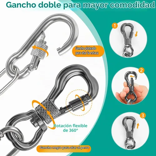 Vista 2 de Tresbro Cadenas de perro resistentes para exteriores, cable de amarre de acero inoxidable de 15 pies con gancho giratorio para perros pequeños