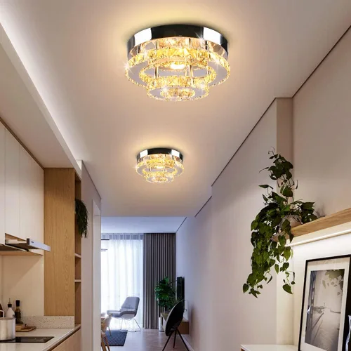 Vista 6 de Mini candelabro LED de cristal para techo, 2 capas, lámpara de techo empotrada, moderna iluminación para pasillo, escalera, cocina, baño