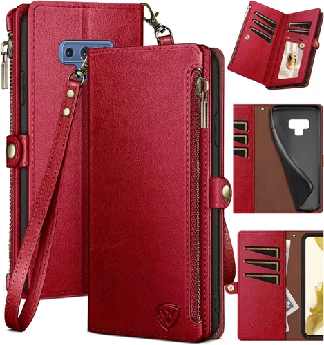 Vista 8 de XcaseBar Funda tipo cartera para Samsung Galaxy Note 9 con cremallera y tarjetero de crédito con bloqueo RFID, funda de piel sintética con tapa