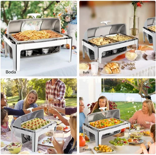 Vista 2 de ROVSUN Juego de bufé de acero inoxidable de 9 cuartos de galón con calefacción eléctrica y de combustible, servidor de catering con tapa enrollable