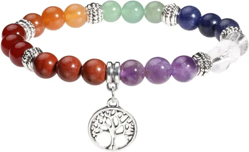Vista 21 de Eigso Pulsera elástica de piedra de cristal de meditación curativa de 7 chakras para mujer con símbolo de loto, yoga, árbol, OM