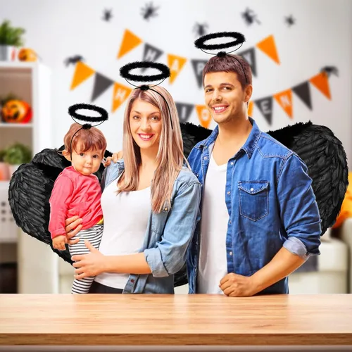 Vista 7 de YoleShy Diadema de alas de ángel negras y aureola de Halloween disfraz de alas negras para mujeres adultas alas de diablo de plumas de primera