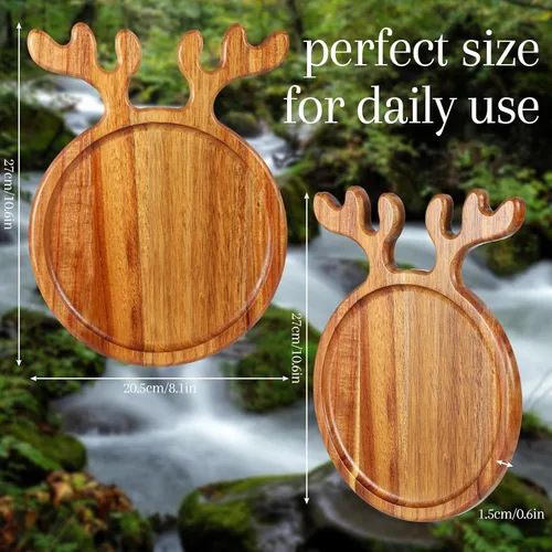 Vista 3 de Tioncy 2 platos de madera de Navidad de 10.6 x 8.1 pulgadas, cornamenta de renos de Navidad, charcutería, bandeja redonda de madera para aperitivos