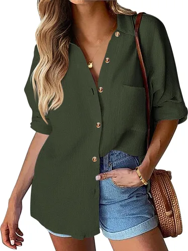 Vista 14 de HOTOUCH Camisa de manga larga con botones de lino para mujer, blusa de algodón casual, holgada, con cuello, para trabajo, de gasa, con bolsillo