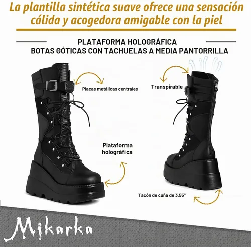 Vista 3 de mikarka Botas de combate de plataforma holográfica para mujer, a media pantorrilla, con cordones, tacón de cuña, con estoperoles, botas góticas