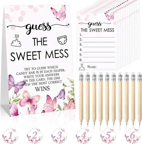 Vista 9 de Juego de 67 piezas de pañales sucios de Guess The Sweet Mess para baby shower, incluye letrero de Adivina el dulce lío, 50 tarjetas pequeñas, 10