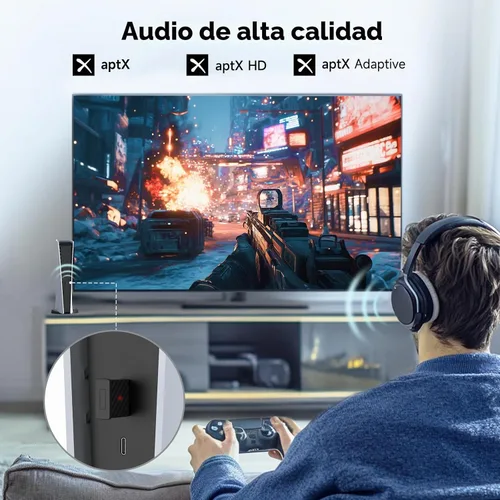 Vista 2 de Adaptador Bluetooth USB-C para PS5 - Transmisor inalámbrico Bluetooth 5.3 con APTX baja latencia y aptX adaptativo, Plug & Play