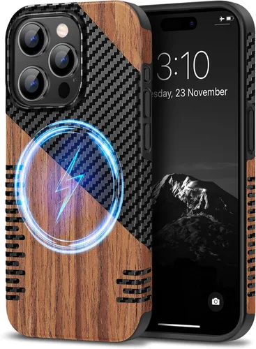 Vista 17 de TENDLIN Compatible con Funda para iPhone 15, Funda de Madera con Textura de Fibra de Carbono, Diseño Híbrido de Cuero Delgado (Negro)