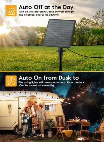 Vista 5 de Minetom Tira de luces solares de 34 pies para exteriores con control remoto, luces de patio con 10 bombillas LED inastillables y ganchos, enchufe