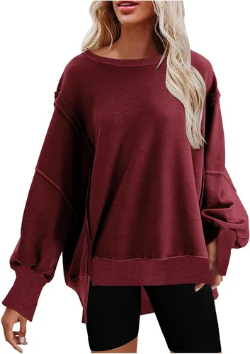 Vista 3 de Cómoda sudadera para mujer, ajuste holgado, casual, cuello redondo, a la moda, blusas de manga larga, blusas de color sólido