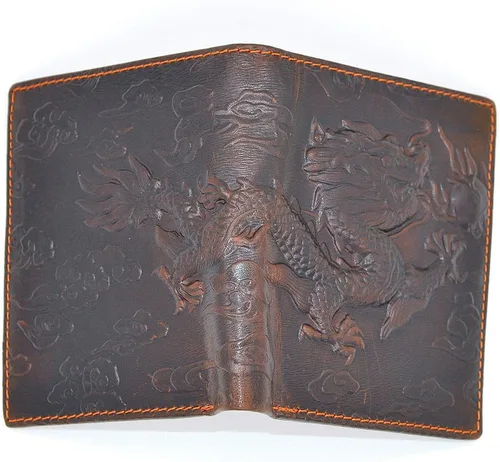 Vista 2 de Cartera de cuero genuino marrón para hombre con tarjetero de crédito patrón de dragón M, Estilo vertical, Funda tipo cartera para tarjetas
