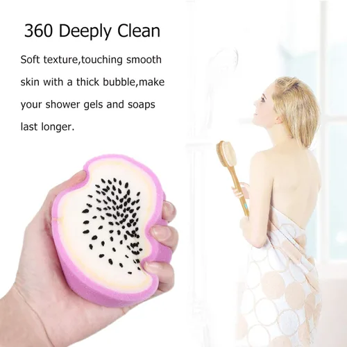 Vista 6 de LALAFINA Esponjas de baño de frutas, 4 unidades para niños, lindos fregadores corporales, esponjas de limpieza de ducha para accesorios de baño