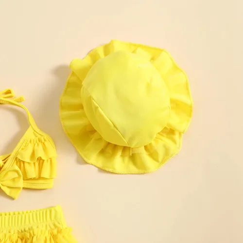 Vista 5 de Yccutest Traje de baño de flores para bebé, 3 piezas, parte superior triangular, parte inferior con volantes, sombrero para el sol, conjunto