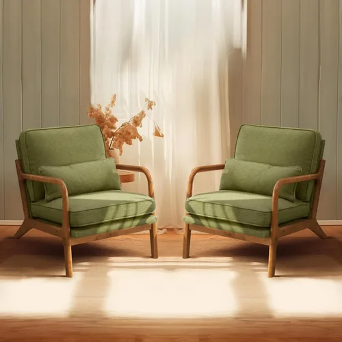 Vista 15 de Bonnlo - Silla de acento moderna de mediados de siglo con tela de lino beige, sillones de descanso con acolchado de madera maciza para sala