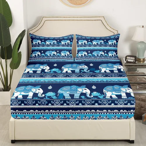 Vista 3 de Juego de sábanas bajeras de elefante, tamaño individual, exótico, bohemio, paisley, floral, para niños, niños, étnico, tribal y vida silvestre