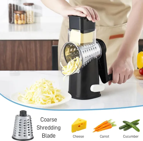 Vista 5 de VEKAYA Rallador de Queso, Rallador de Queso con Manivela Manual, Rallador de Queso con 4 Cuchillas Intercambiables, Rebanador de Verduras, Base