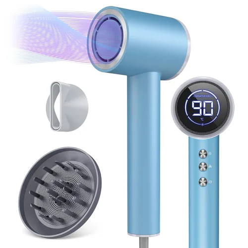 Vista 10 de Secador de pelo iónico de 1600 W con pantalla LED y boquilla magnética, portátil para mujeres, viajes, salón, hogar, blanco crema, HC03