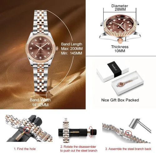 Vista 6 de Reloj clásico para mujer con banda de acero inoxidable sólido, reloj de vestir para mujer, reloj con calendario