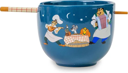 Vista 2 de Disney Lady And The Tramp Serenade - Juego de vajilla de cerámica para ramen, incluye cuenco de fideos de 20 onzas y palillos de madera