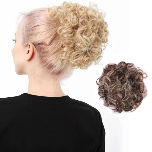 Vista 16 de Moño de cabello rizado desordenado, pieza de cabello sintético resistente al calor, extensiones de moño de cabello despeinado con cordón Updos Negro