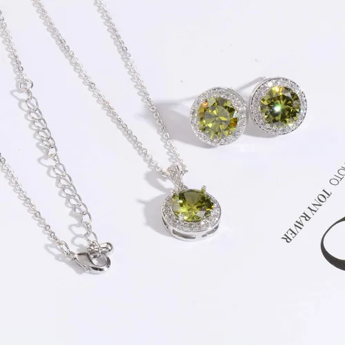 Vista 3 de Juego de joyas de cristal para novia, plata de ley, circonita cúbica redonda, circonita cúbica, diamantes de imitación, halo de piedra natal, collar