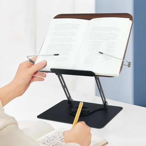 Vista 4 de comfoyar Soporte de libro para lectura, soporte plegable de lectura para libros de texto con base giratoria de 360° y clips elásticos para página