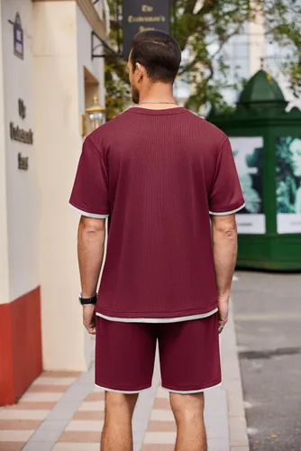 Vista 47 de COOFANDY Conjunto de camisa y pantalones cortos de gofre para hombre, conjunto de 2 piezas, conjunto casual de verano con bolsillos
