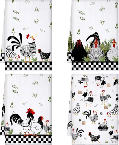 Vista 9 de Geyoga 4 toallas de cocina de pollo, gallo, toallas de mano con animales de granja, vaca, vintage, rústico, paño de té para primavera, Pascua, baño