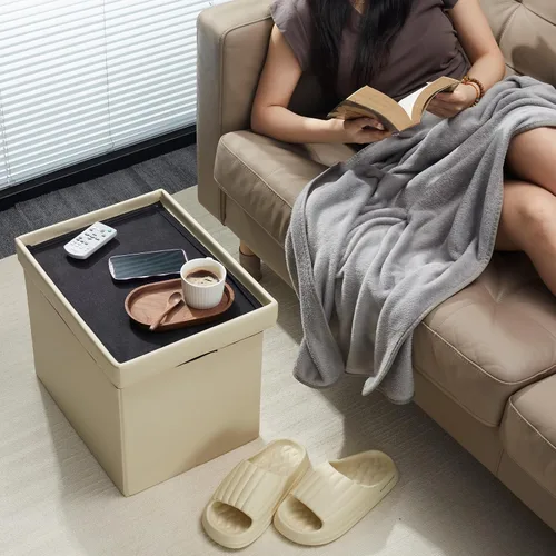 Vista 2 de AmasSmile Otomán de Almacenamiento Plegable Reposapiés con Bolsillo Lateral, Banco Reposapiés de Cuero de 16 pulgadas, Banco Otomán Corto