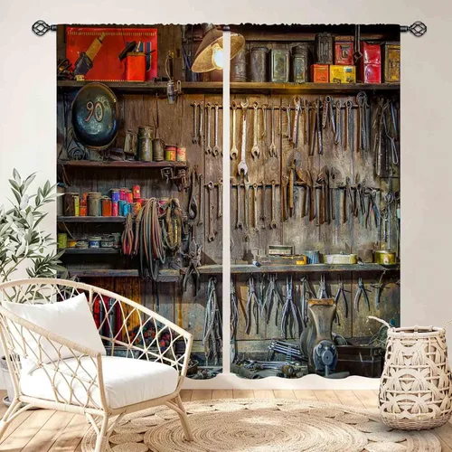 Vista 7 de Cortinas de ventana de garaje, retro, para reparación de cuevas de hombre, herramientas de garaje, cobertizo, taller, piezas de automóvil, motor