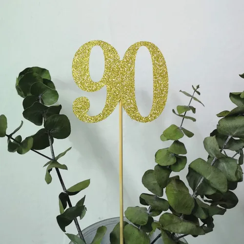 Vista 2 de Paquete de 10 palitos dorados con purpurina para el centro de mesa de 90 cumpleaños número 90, decoración de letras de edad
