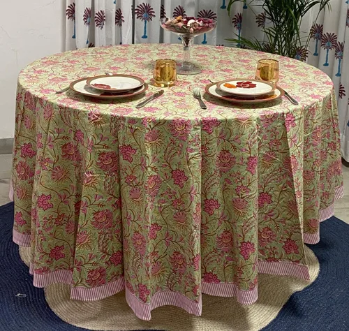 Vista 29 de Mantel redondo con estampado de bloque a mano, 100% algodón, reutilizable, color verde espárragos, 60 pulgadas, mantel decorativo para uso diario