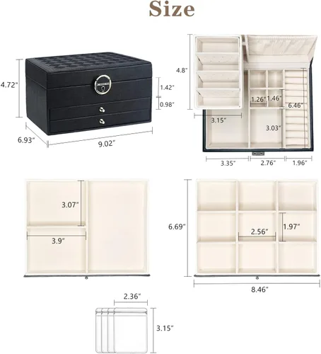 Vista 8 de Caja de almacenamiento de joyas cajas organizadoras de joyas grandes de 3 capas para mujeres y niñas vitrina de joyería de piel sintética con 2