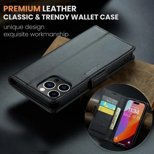 Vista 9 de Funda para iPhone 15 Pro Max, [bloqueo RFID] Funda de piel sintética tipo cartera con tarjetero y soporte para tarjetas, funda a prueba de golpes