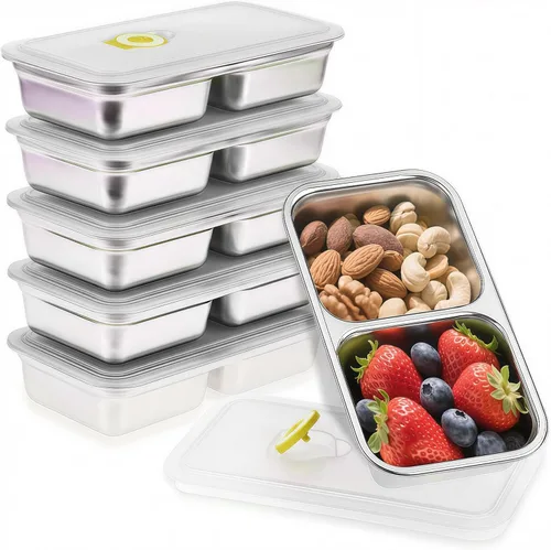 Vista 15 de 2 cajas Bento de acero inoxidable 304, 2 compartimentos, contenedores portátiles de almacenamiento de alimentos, cajas de aperitivos con tapas, caja