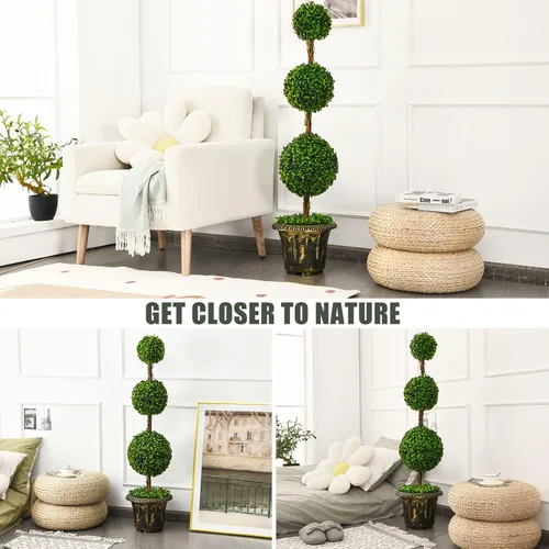 Vista 7 de Árbol artificial de boj de 4 pies, bolas triples Topiary en maceta de plástico rellena de cemento, plantas sintéticas para porche delantero, sala