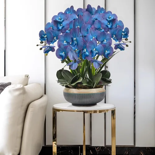 Vista 6 de HinyoCo - 5 flores artificiales de orquídea y 4 paquetes de hojas, flores artificiales de Phalaenopsis de 32 pulgadas para decoración del hogar