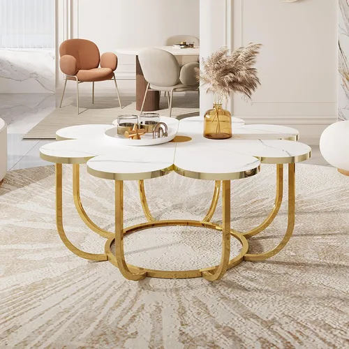 Vista 4 de Tribesigns Mesa de centro blanca y dorada, moderna mesa de centro en forma de flor con mesa de mármol sintético, mesa central floral de 39.37