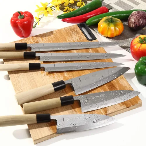 Vista 7 de Cuchillo de chef japonés para sushi Shiroko (acero blanco), mango de madera de magnolia en forma de D, Deba 6.5 pulgadas (6.496 in)