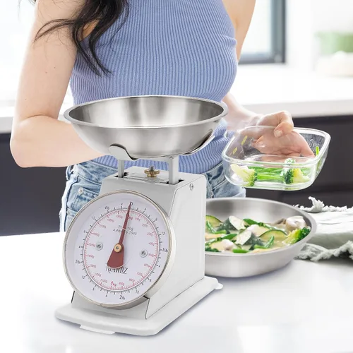 Vista 5 de MARLIZ Báscula de cocina retro pequeña 4.4Lb/4.4 lbs con 2 cuencos blanco Esfera mecánica Vintage Pesa para alimentos bascula