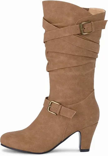 Vista 2 de Coutgo Botas holgadas de media pantorrilla para mujer, tacón grueso, de piel sintética, hasta la rodilla, con cremallera lateral, hebilla de metal