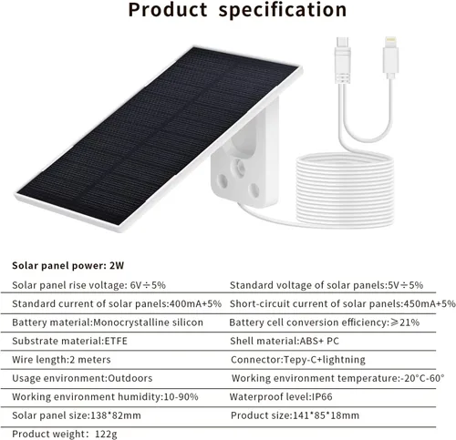Vista 7 de Panel solar de 2 W, cargador solar de batería para teléfono móvil con puerto USB-C, cable de conector para iPhone, aplicación de emergencia al aire